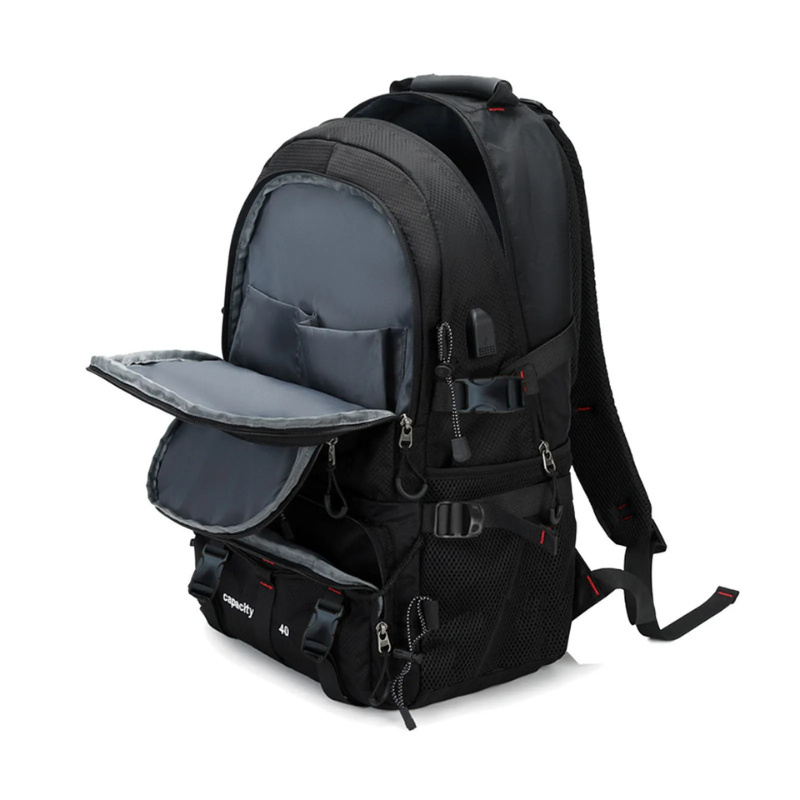 compartiment du sac à dos randonnée homme 40l noir sur fond blanc