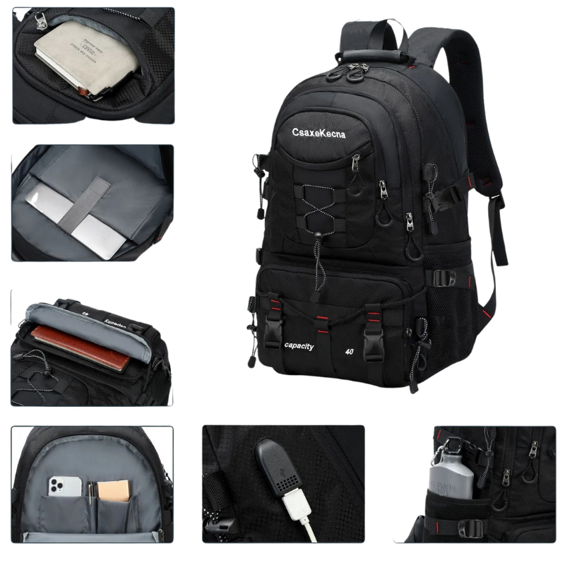 compartiments sac à dos randonnée homme 40l noir sur fond blanc