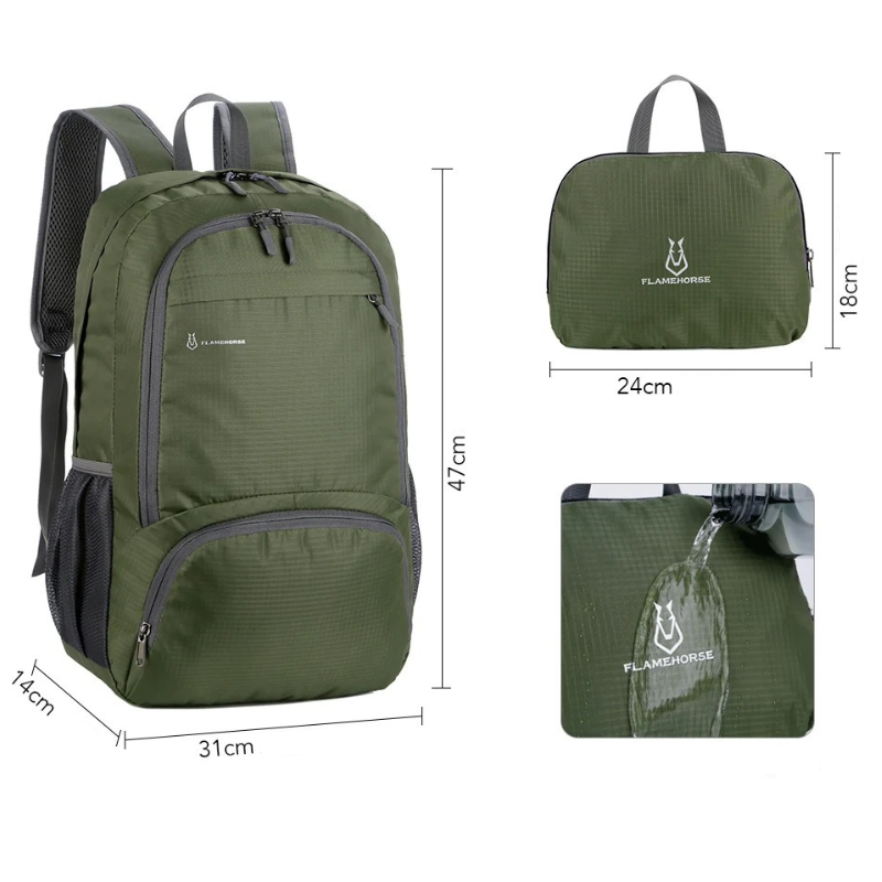 dimensions du sac à dos randonnée pliable avec rangement pratique sur fond blanc