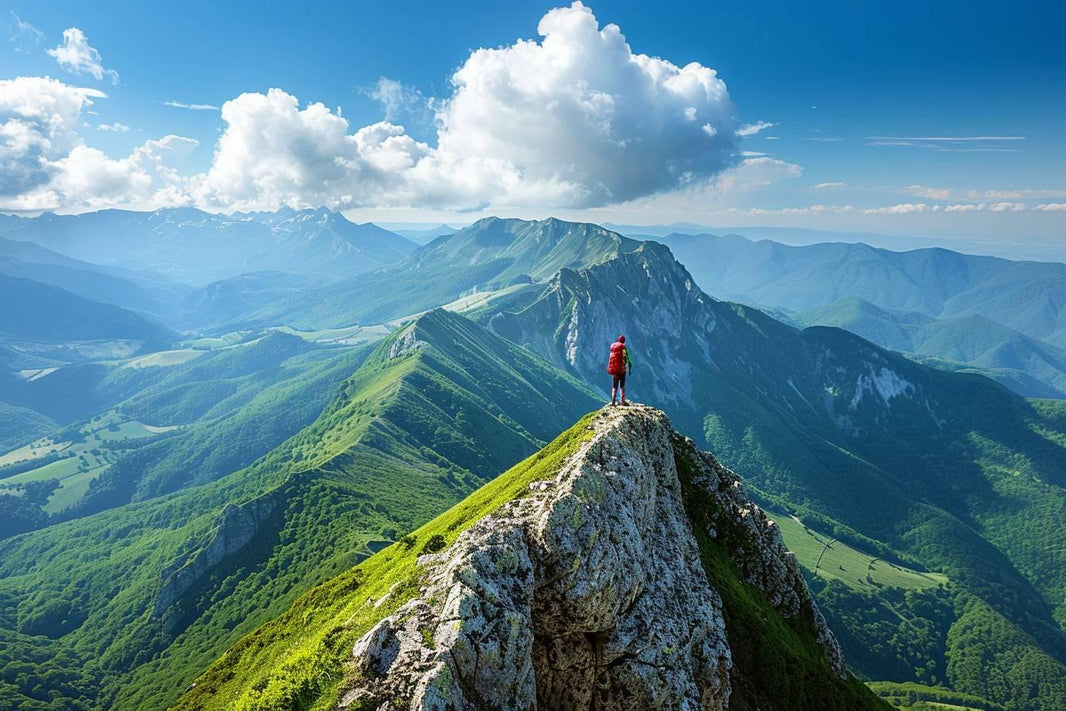 vue panoramique montagne et randonneur