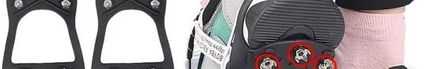 Crampons enfilés sur une basket, vue de la semelle avec les pointes