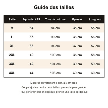 Guide des tailles de la doudoune sans manches femme, du 34 au 44