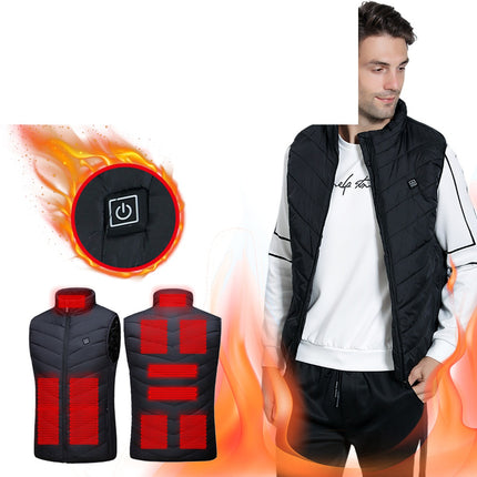 Gilet chauffant porté et détail du bouton de commande