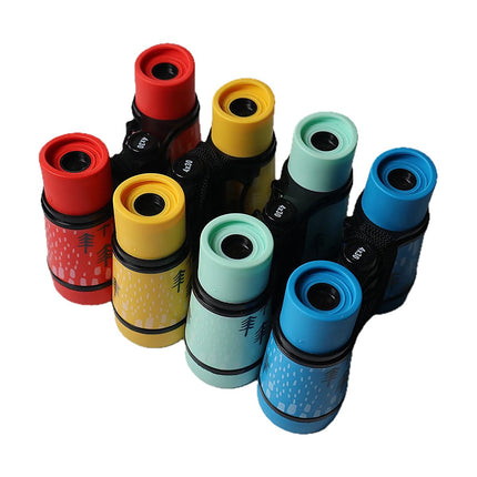 Jumelles enfants 4x30 en bleu, jaune, rouge et vert d'eau sur fond blanc