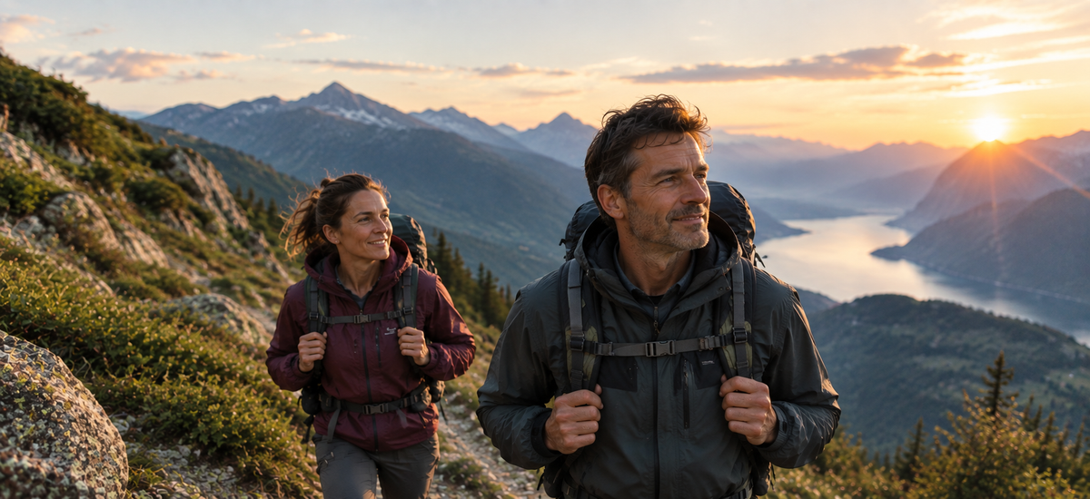 Deux randonneurs souriants sur un sentier de montagne au lever du soleil, un lac en contrebas