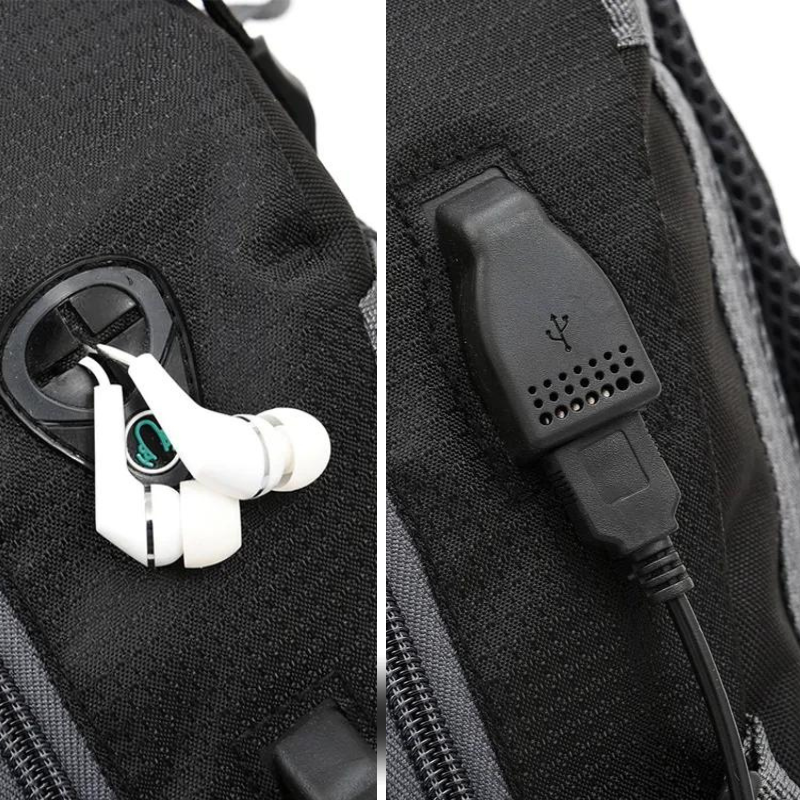 sac a dos de randonnée avec chargeur usb et orifice pour écouteur